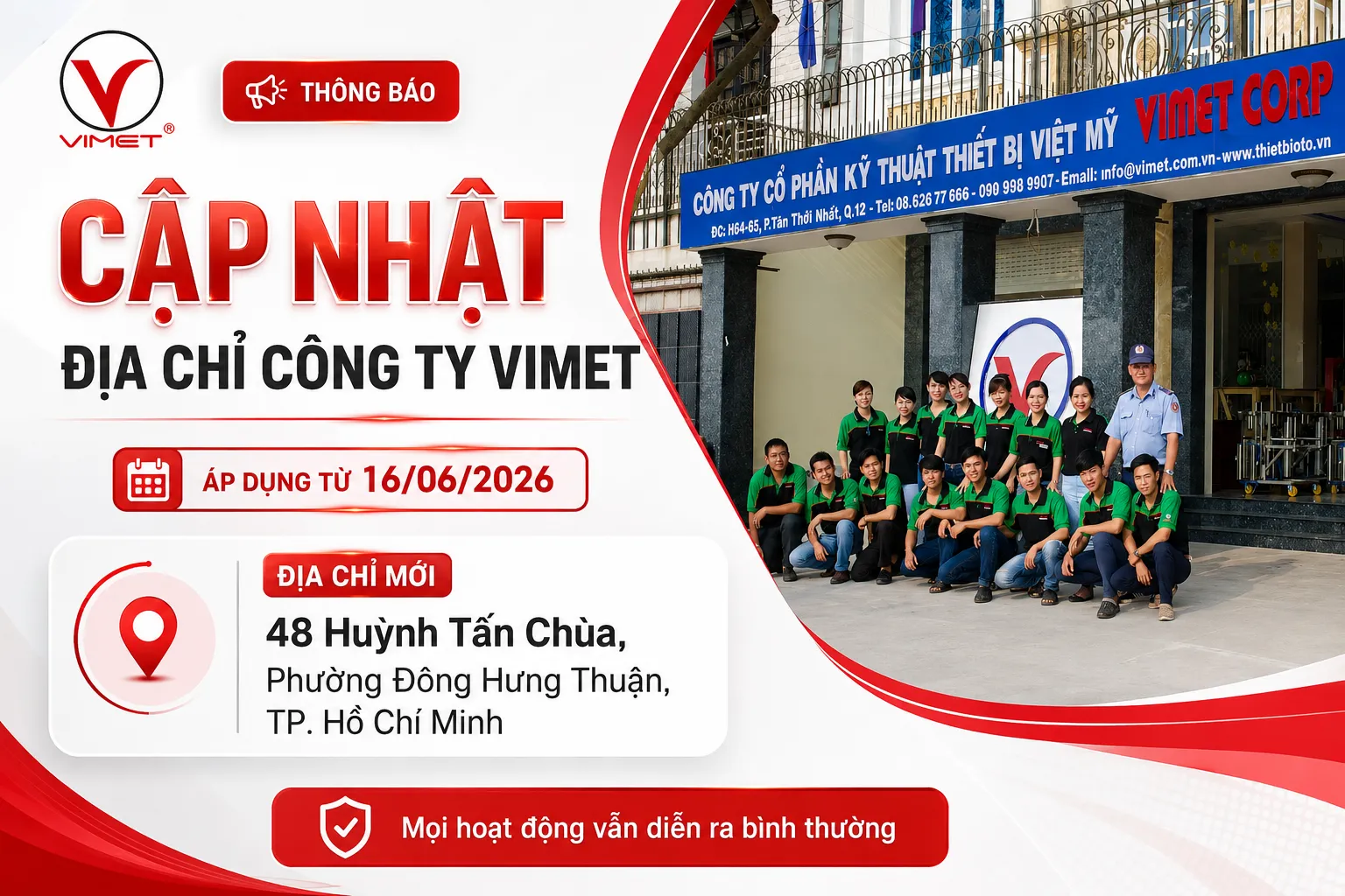 Thông Báo Cập Nhật Địa Chỉ Trụ Sở VIMET CORP | Ngày 16/06/2026