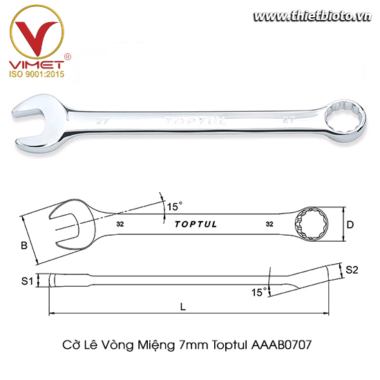 Cờ lê đầu vòng miệng 7mm Toptul AAAB0707 (Ngưng sản xuất)