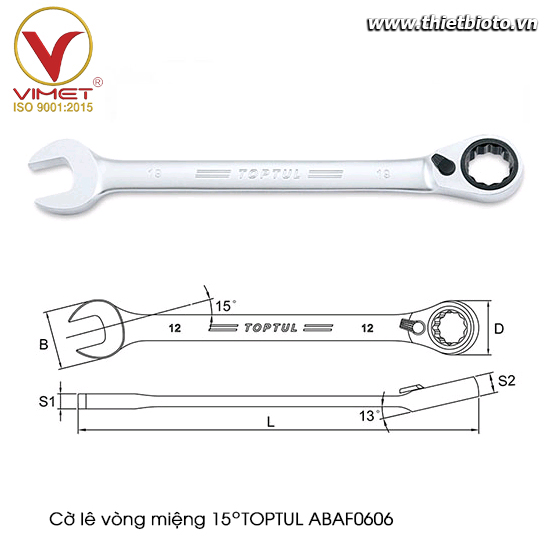 Cờ lê vòng miệng tự động 15° TOPTUL ABAF0606