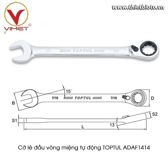 Cờ lê vòng miệng tự động 15° TOPTUL ADAF1414