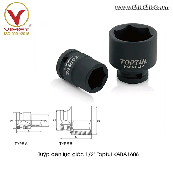 Tuýp đen lục giác 1/2" TOPTUL KABA1608