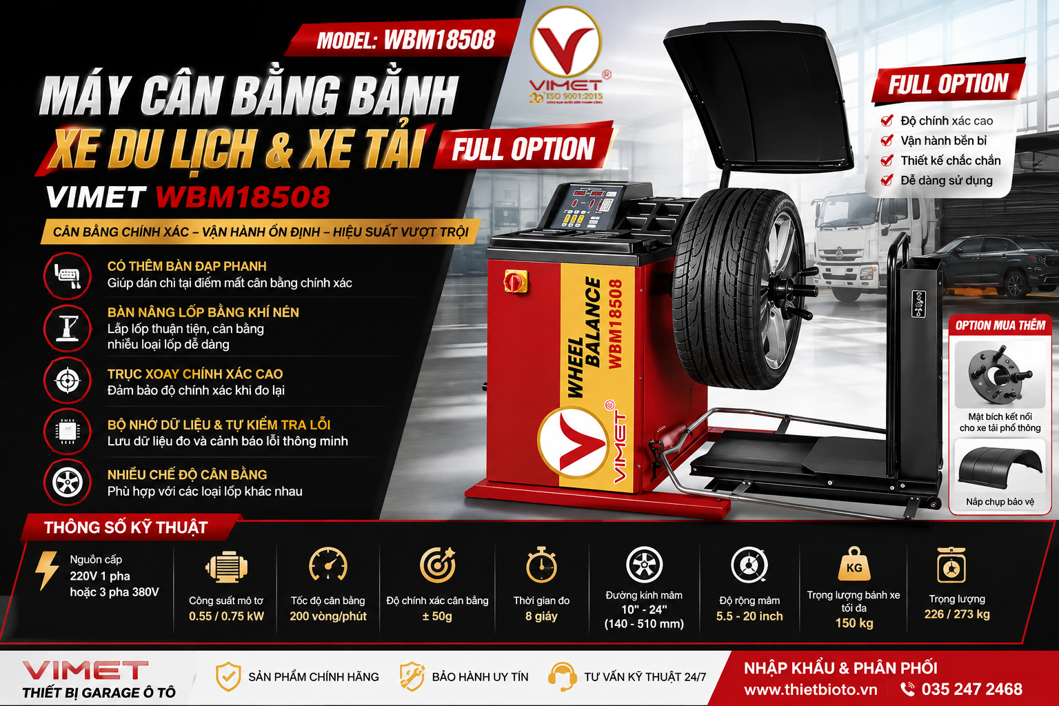 Máy cân bằng bánh xe du lịch và xe tải full option VIMET WBM18508