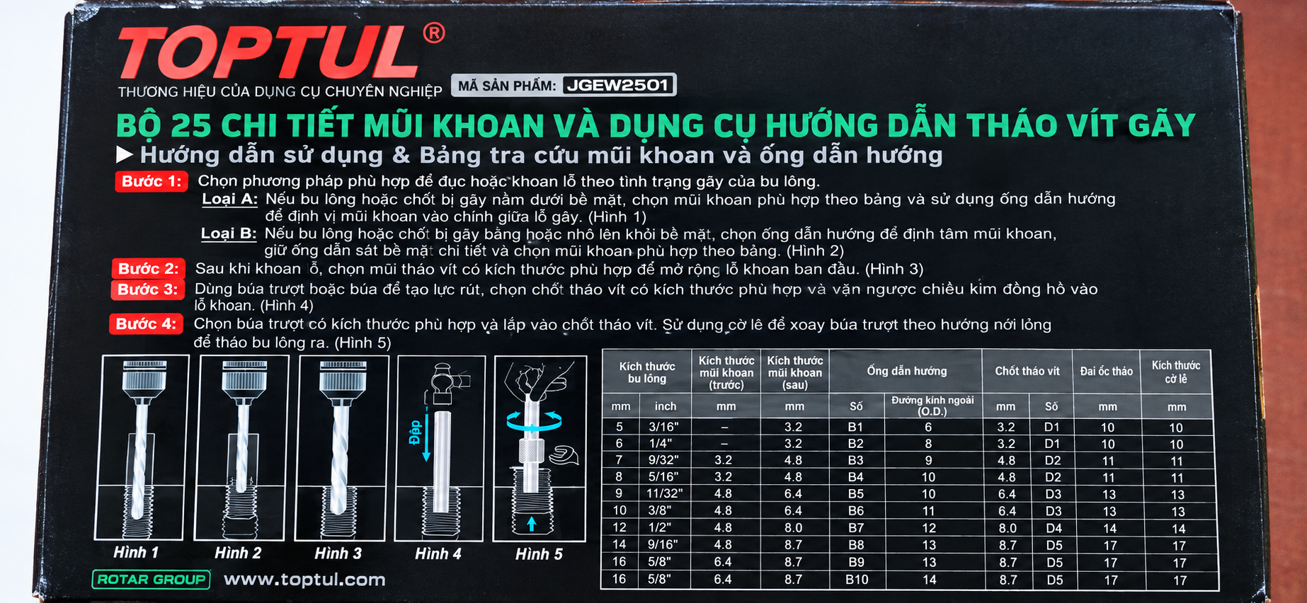 Bộ dung cụ mũi khoan lấy ốc gãy 25pcs TOPTUL JGEW2501 - ảnh thực tế 1